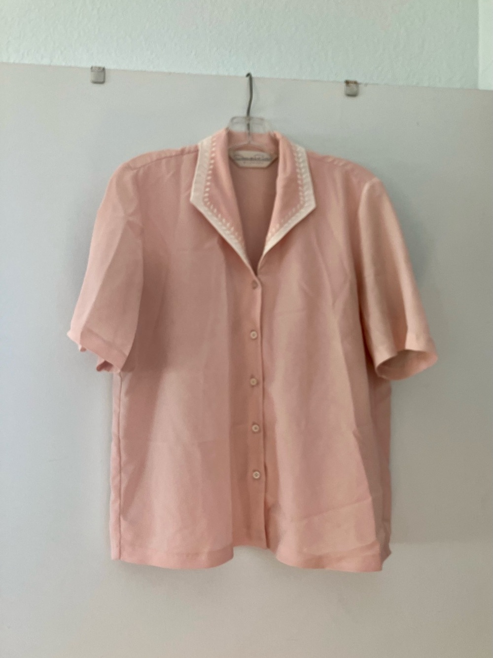 Oscar de la Renta Blush Pink Feminine Blouse; Loose Hem on Sleeve; Some Stains